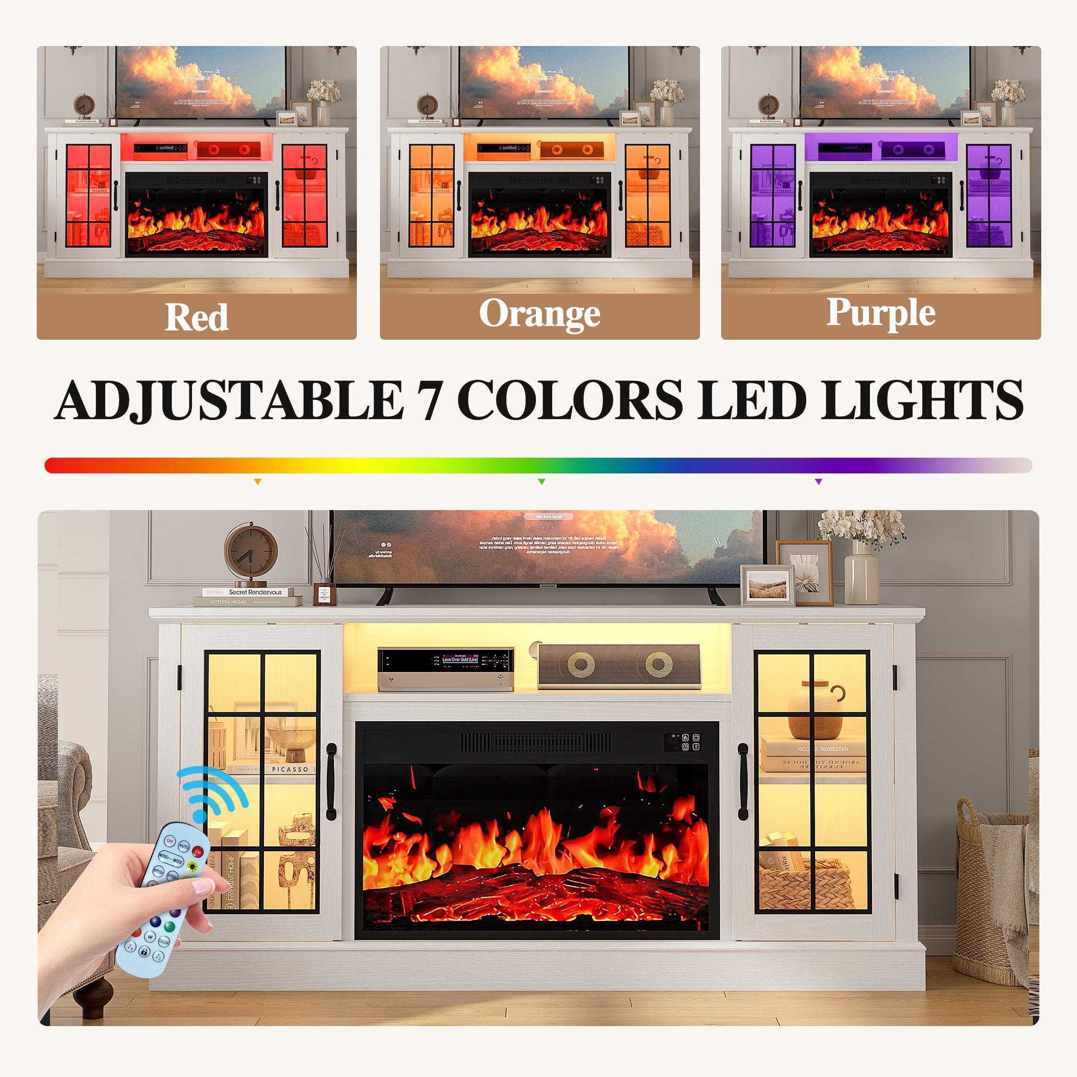 PAPROOS 63" Fireplace TV Stand for TVs up to 70" with 32" Electric Fireplace, Entertainment Center with LED, Modern Television Table Center With Remote Control for Living Room, White