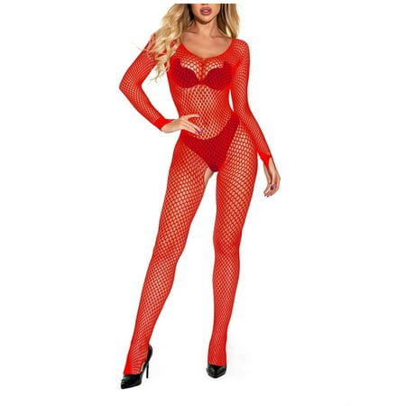 UKLSQMA Women s Sexy Lingerie Fishnet Stockings and Suspenders Crotchless Bodysuit Ideal for Romantic Evenings Red Free Size