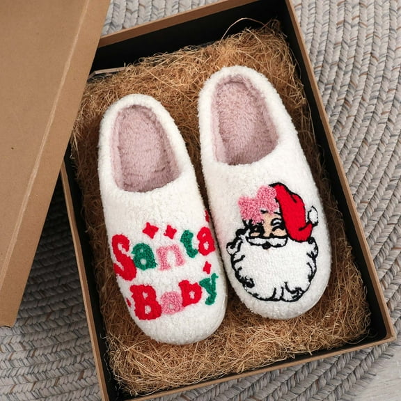 Qicasul Women's slipper Winter Christmas Santa Claus Slippers Warmth Thickened Fleece Slippers White US Size:7