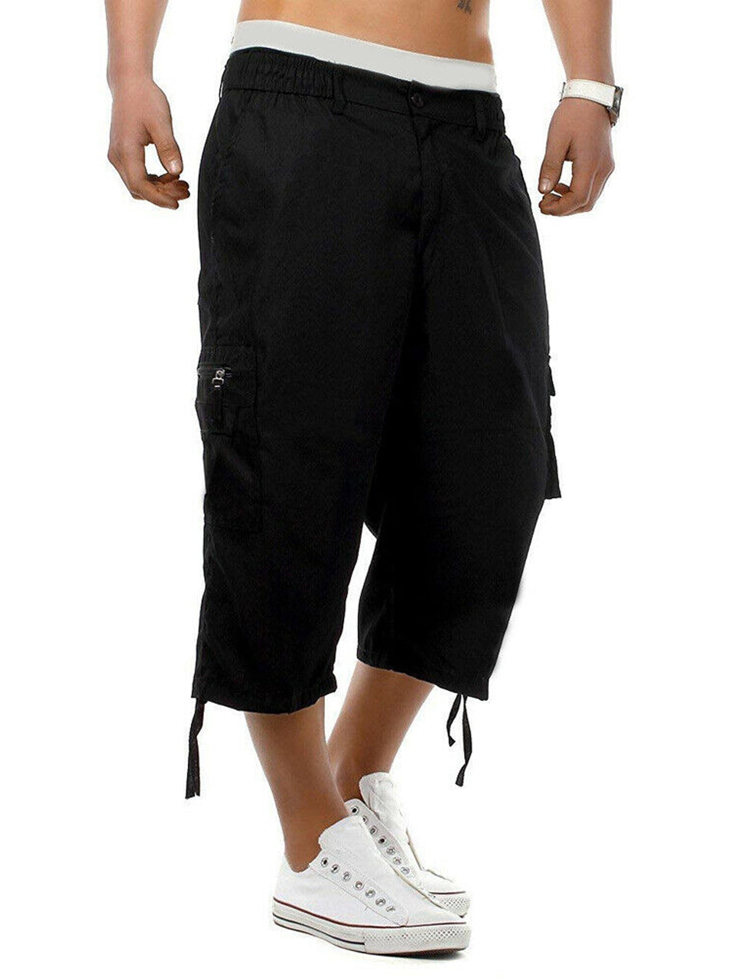 LUCAMORE Mens Casual Cargo Shorts Below Knee Loose Fit Multi-Pocket Capri Long Shorts 