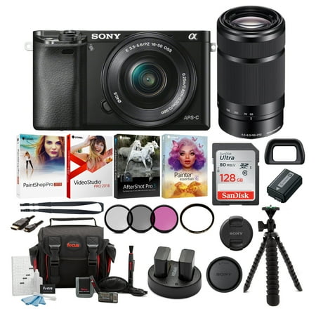 Sony Camera Nex 6 sony a6000 camera with 16-50mm & 55-210mm lenses (white) + creative & office software suite + accessory bundle ()