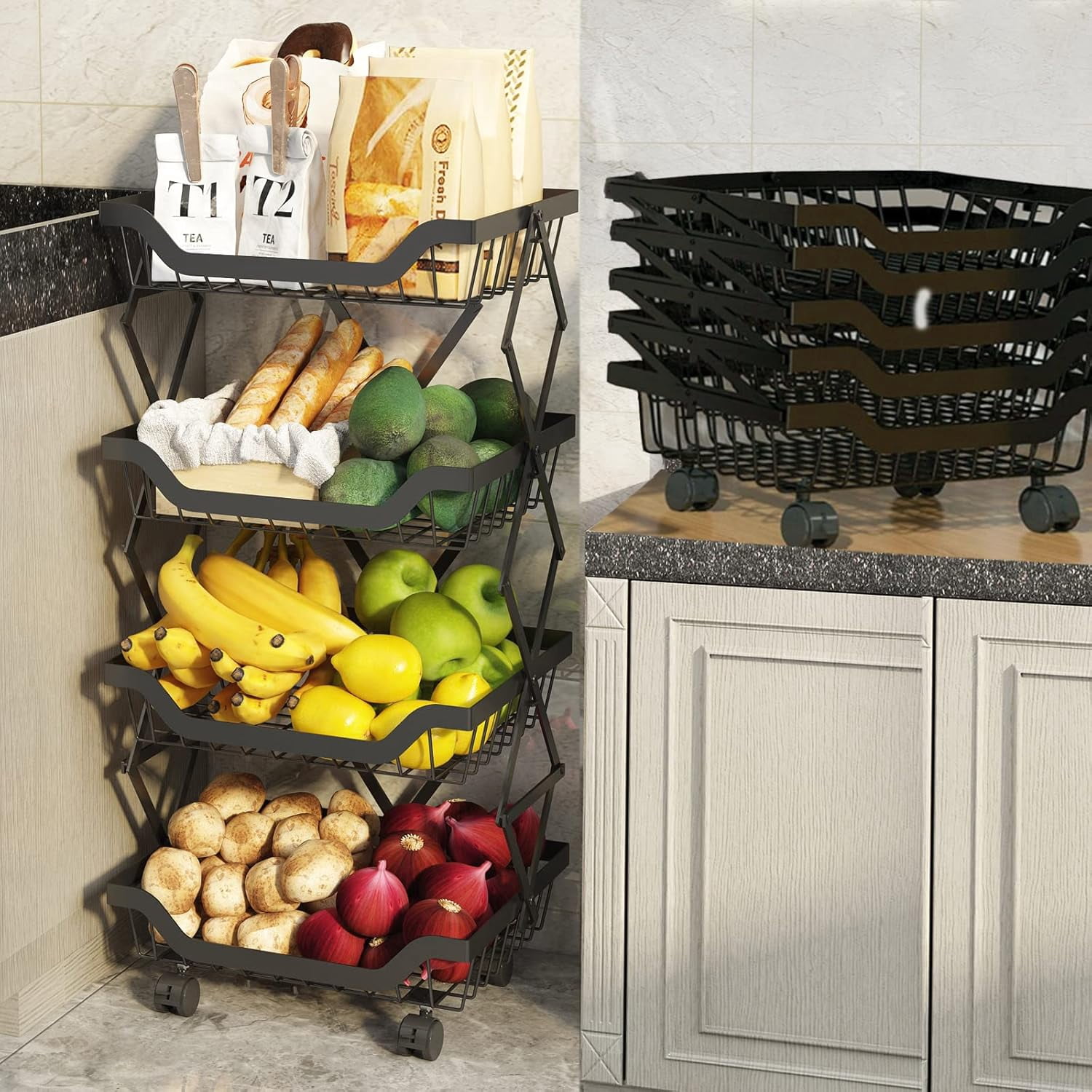 Alexent 4-Tier Foldable Rolling Storage Cart, No Assembly, Space-Saving Metal Organizer with Wheels for Kitchen Pantry Bathroom