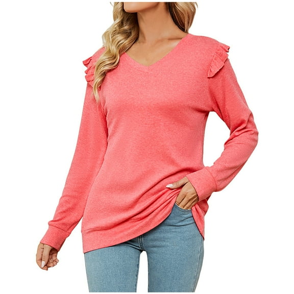 IROINNID Womens Long Sleeve V-Neck Shirts Home Solid Ruffles Hoodie T-Shirt Blouse,Hot Pink