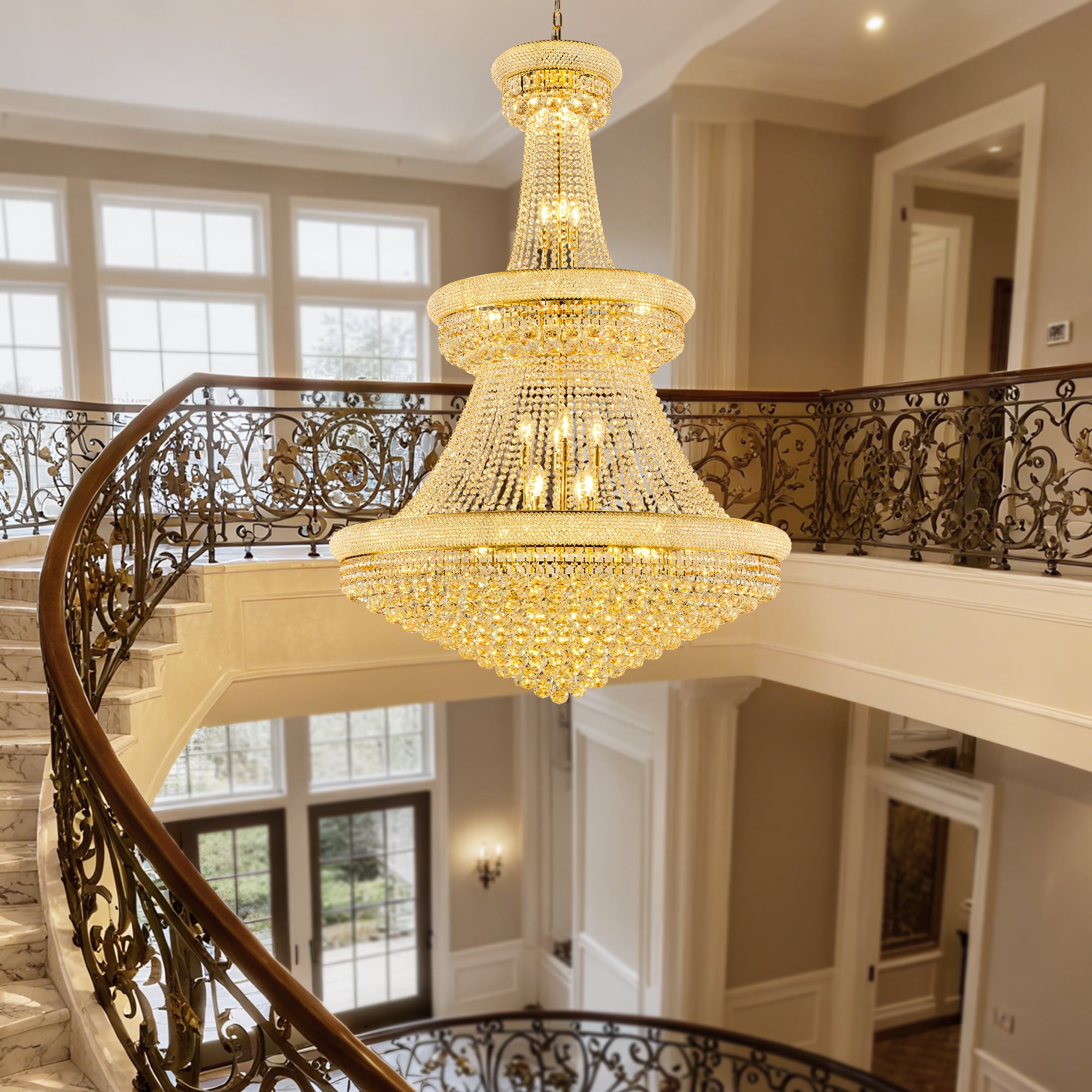 Luxury Empire Gold Crystal Chandelier, 3-Tier K9 Crystal Raindrop Ceiling Light Fixture, 36 E12 Bulbs Included, Adjustable Chain for High Ceiling Foyer, Grand Staircase, Living Room (42" W*61" H)