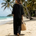 thumbnail image 5 of Boho Button-Front V-Neck Ruffle Sleeve Two-Piece Set for Women, Lightweight Wide Leg Pants & Top Outfit - Summer Vacation Beach Resort Casual Loungewear Black L, 5 of 5