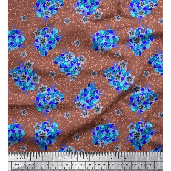 Soimoi Orange Cotton Duck Fabric Aster & Lavender Blue Flower Floral Printed Fabric 1 Yard 42 Inch Wide