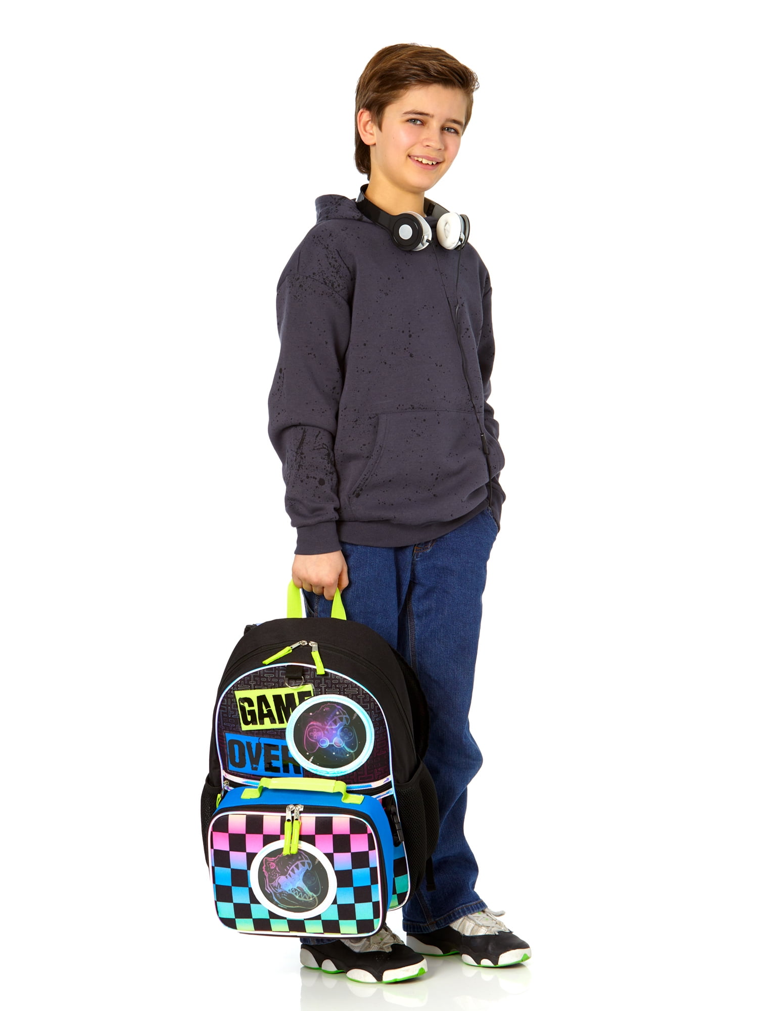 Schoolyard Vibes Dinosaur Boys 16" 3 Piece Headphone with Lunch Backpack Set, Black Multi-Color