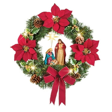 Collections Etc Poinsettia Nativity Scene Lighted Wreath Red