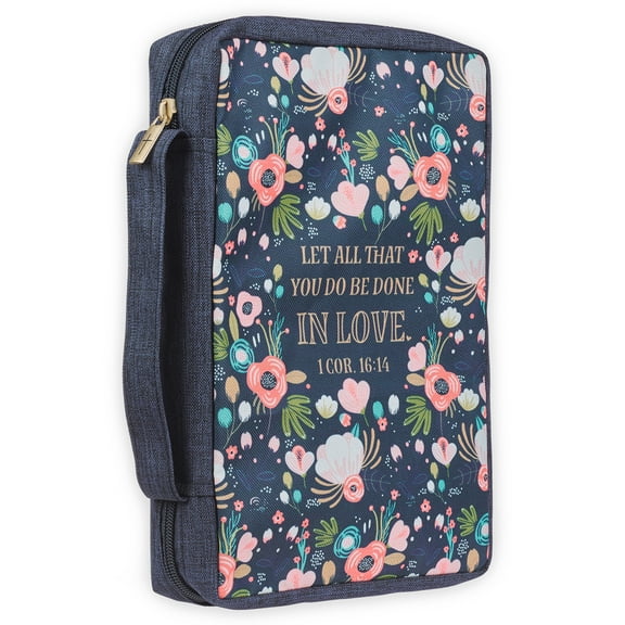 Christian Art Gifts Men/Women's Bible Cover All That You Do 1 Corinthians 16:14, Navy Floral Canvas, Large