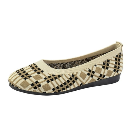 OJSFQUFP Women s Flats Women Large Round Toe Flat Bottom Low Heel Shoes Classic Plaid Casual Shoes Work Flats Office Shoes Dressy Sneakers Khaki 38