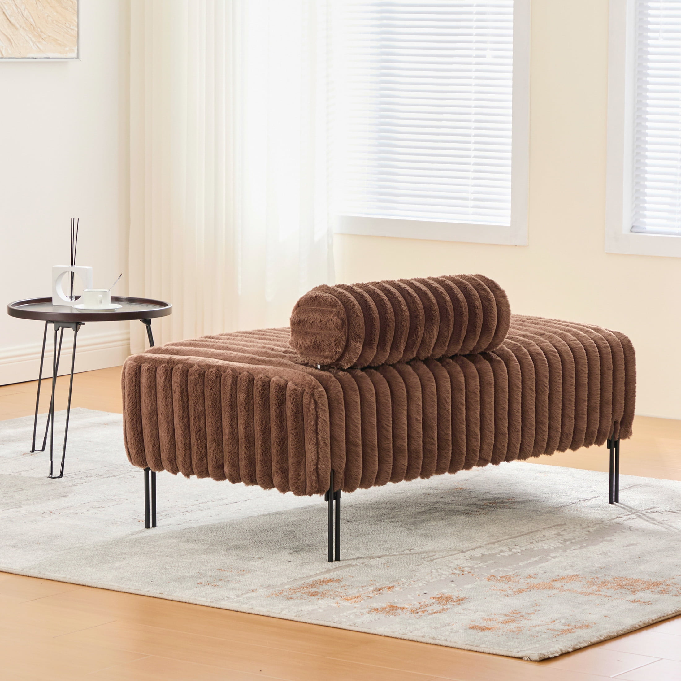 Noble House Fenton 49.6" Faux Fur Mini Loveseat, Adjustable Back Wide Bench with Metal Legs for Small Spaces, Brown