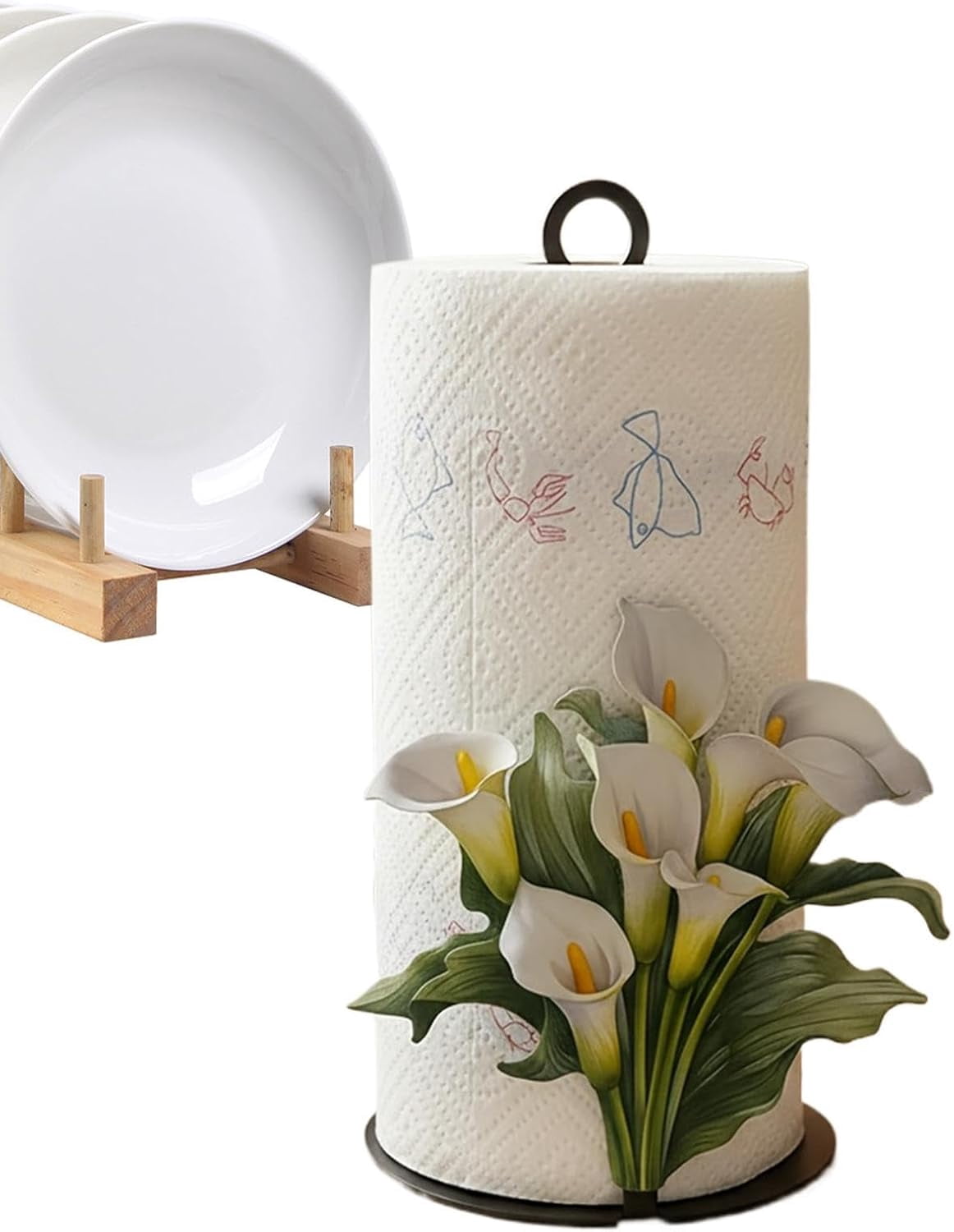 Decorative Paper Towel Holder with Flower Pattern – Freestanding Tissue Roll Rack for Home, Kitchen, Bathroom, or Office
