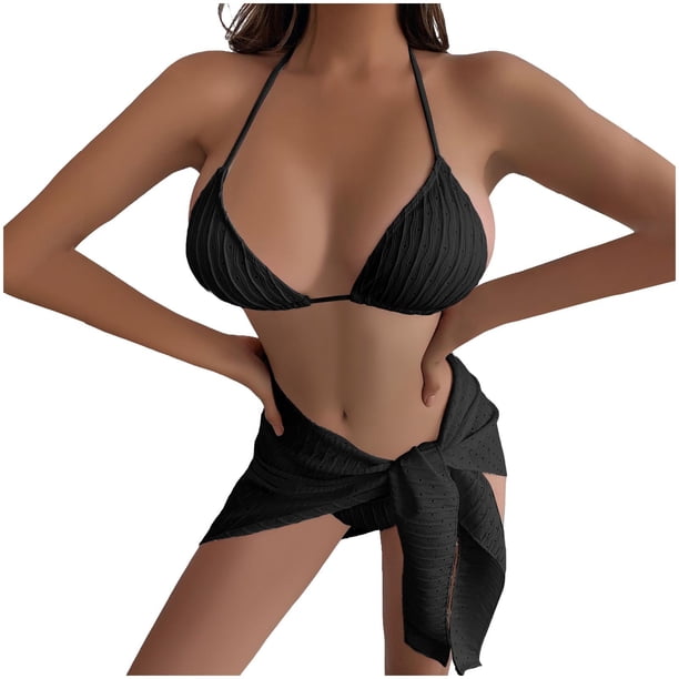 Traje de baño para mujer, bikini de color liso sin espalda con cordón y tirantes divididos, conjunto de tres piezas, trajes de baño para mujer