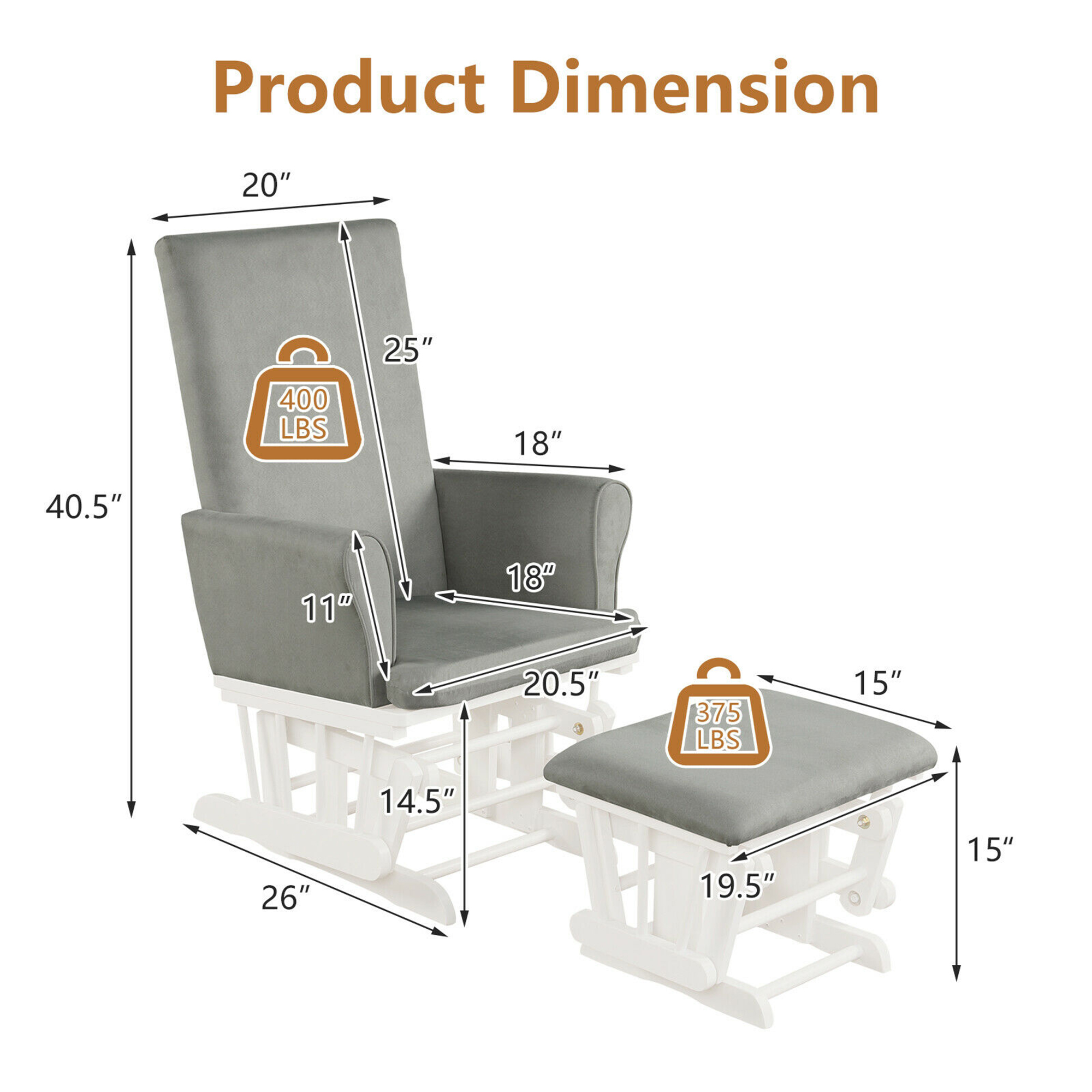 Gymax Glider and Ottoman Cushion Set Wooden Baby Nursery Rocking Chair Grey