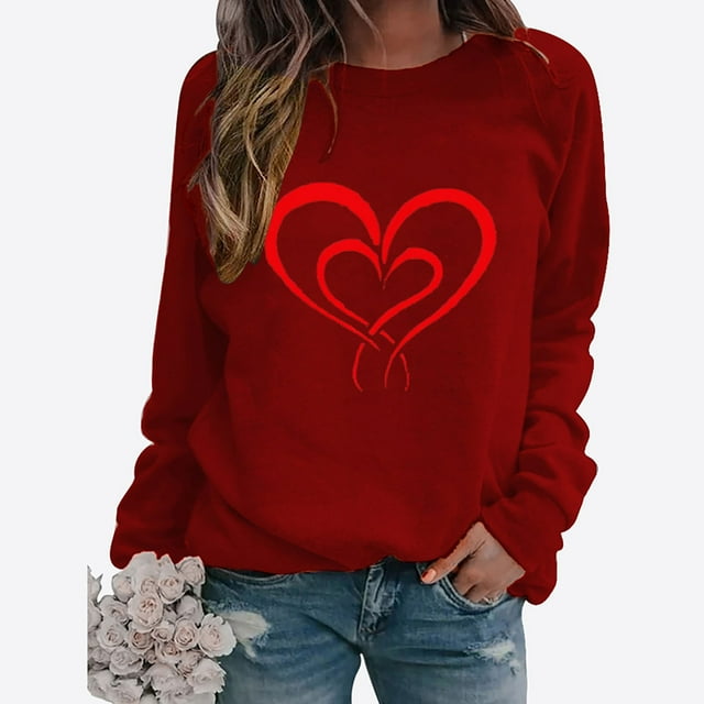 Jsaierl Hauts de la Saint-Valentin pour Femmes T-Shirts Mignons à Imprimé Cœur d'Amour Décontractés à Manches Longues T-Shirts Tendance à Col Rond Blouses 2025