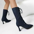 thumbnail image 5 of YLYL Women's Denim Mid Calf Boots Kitten Heels Pointed Toe Lace up Fashion Party Prom Dress Boots, 5 of 8