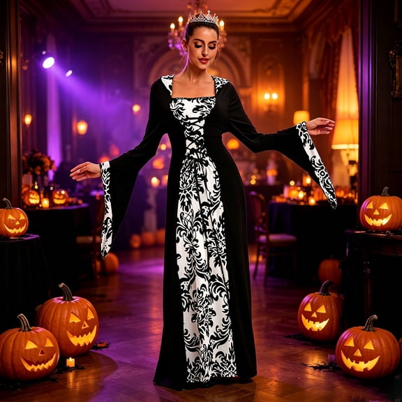 Huowey Vampire Gothic Dresses Halloween For Women Plus Size LaceâUp Waist Fancy Cosplay Party Gown Floral Graphic Square Neck Long Sleeve Elegant Halloween Dress,White,XXXXL