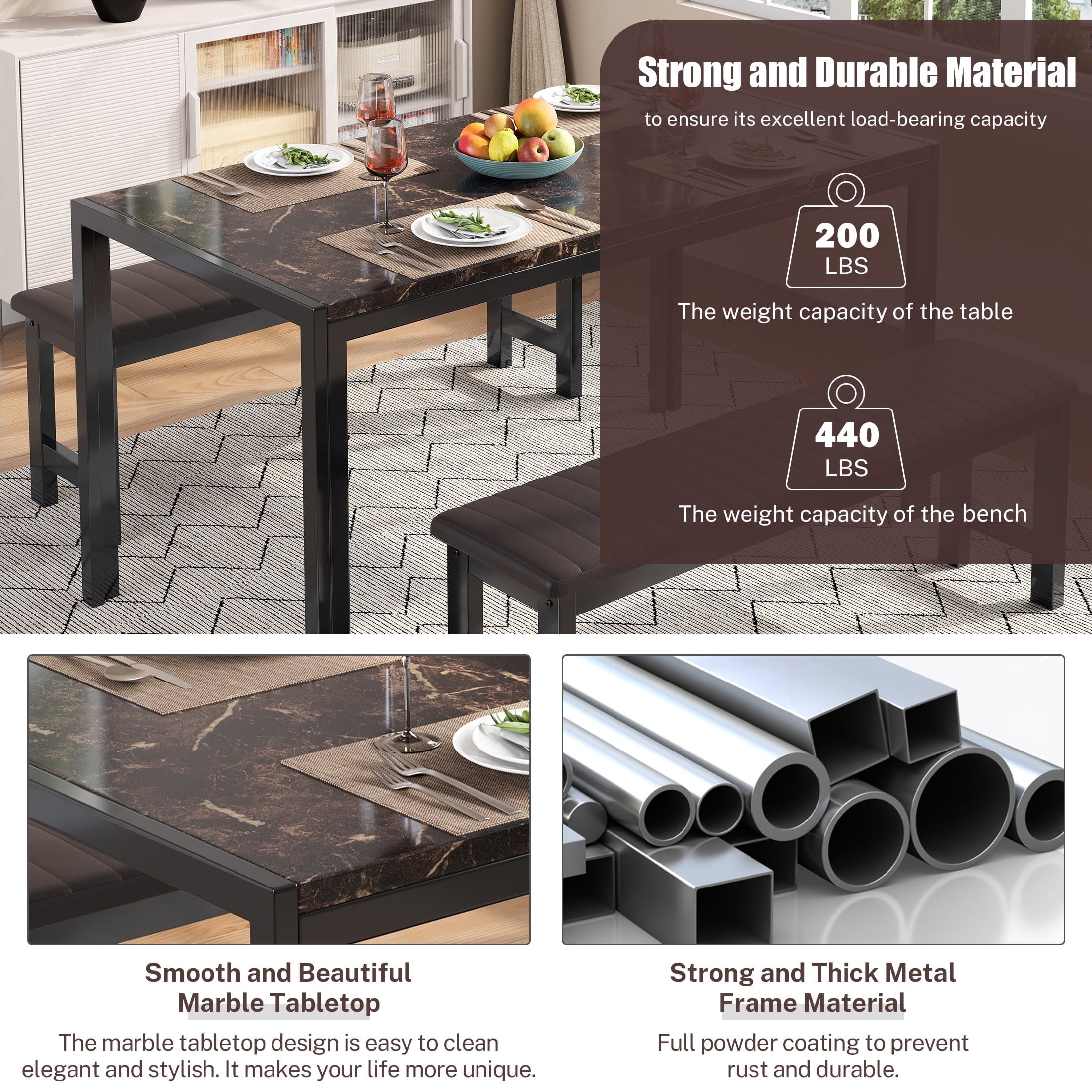 PORKISS Dining Table Set for 4, 3 Piece Kitchen Table Set with 2 PU Leather Benches, Faux Marble Dining Room Table Set, Breakfast Nook Table Set for Small Spaces, Apartment, Brown+Black
