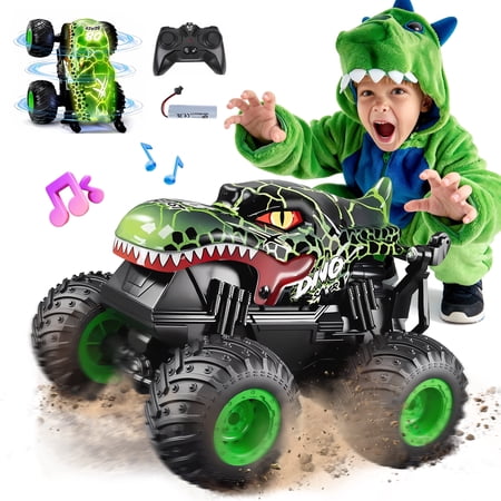 YCFUN Dinosaur RC Cars, RC Monster Truck Toys with LED Lights and Music, 360° Spin Stunt Remote Control Cars for Kids Boys Ages 3+