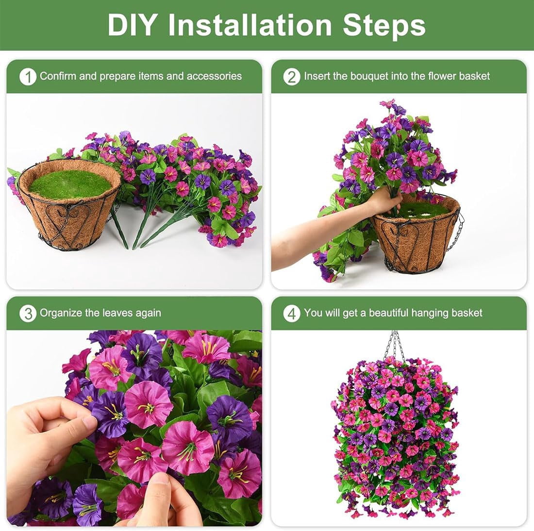 UV Resistant Hanging Artificial Morning Glory Vine, 4-Pack Outdoor Artificial Flowers, Hanging Morning Glory Artificial Flowers for Spring Garden Porches Home Decor (6, Pink)
