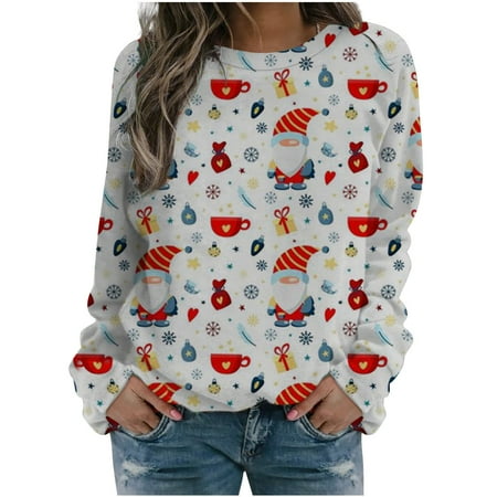 

jsaierl Christmas Sweatshirt Women Long Sleeve Gnomes Graphic Top Round Neck Sweatshirt Cute Pullover Christmas Gifts for Women