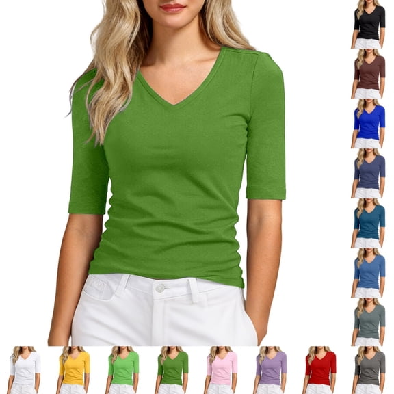 Bmisegm Womens Short Sleeve Tops Casual V Neck T Shirt Basic Solid for Layering Daily Wear T Shirts for Women Green_001_A XXL