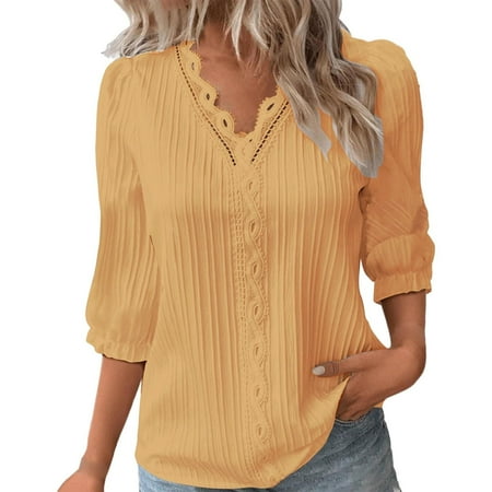 Spring Tops For Women Plus Size  Boho Tops Casual V Neck Hollow Out 3/4 Sleeve Comfort Colors Top Sexy Black Corset Tops Animal Print Tops Trendy 2024 Cap Tops Tank Tops (XXL  Yellow) ZMTing