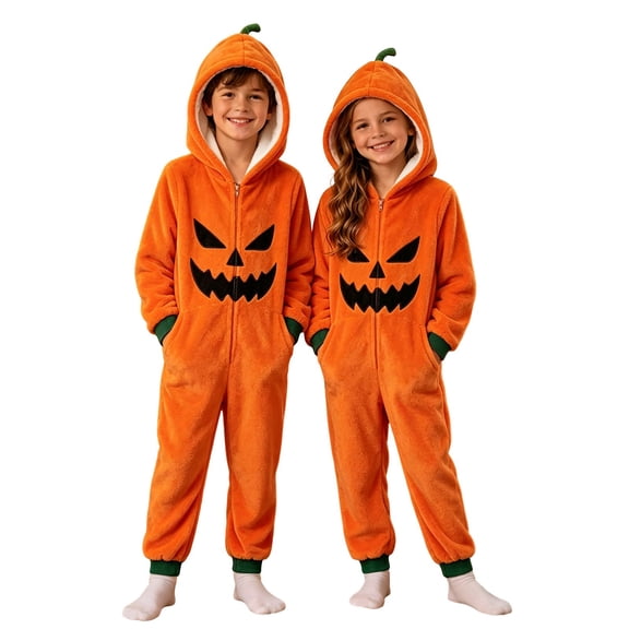 ZHOGXU Halloween Boys Girls Adorable Pumpkin Face Graphic Hoodie Jumpsuit Full Zip Jumpsuit With Pocket for Kids Cozy Party Nightwear,4-5 Years