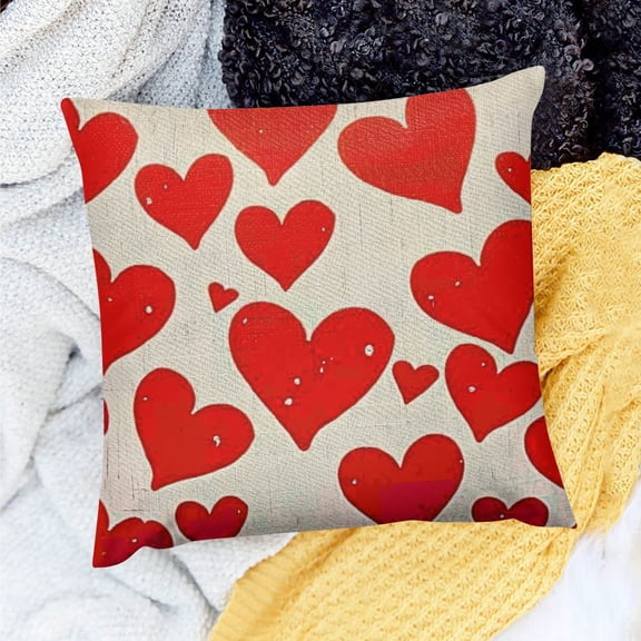 FCXZI Heart Pillow Cover Valentine's Day Cute Red Love Hearts for Couples Lovers Throw Pillow Case   Linen Canvas Square Cushion Decorative Cover for Sofa Bed Brown 18x18in