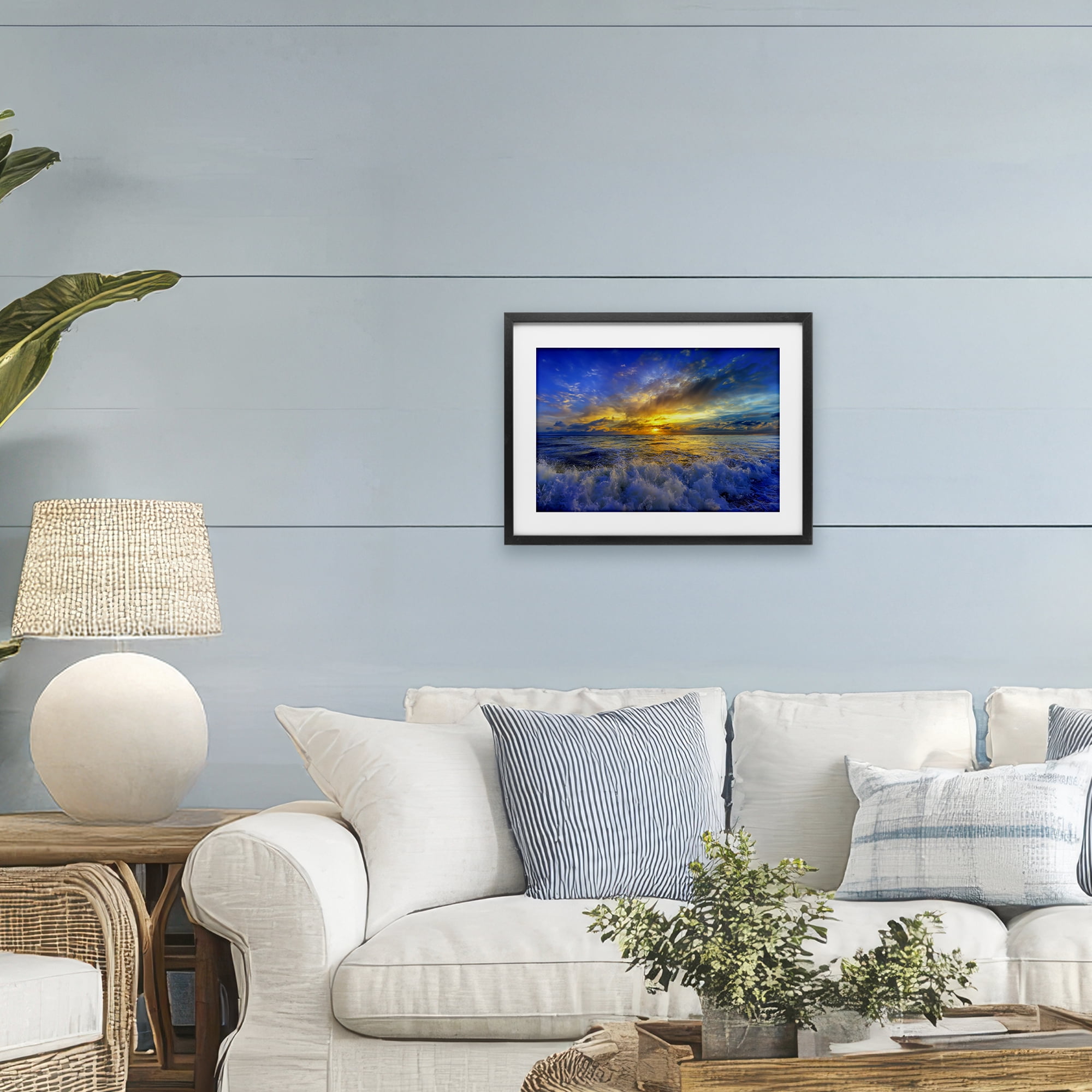 Stupell Industries Golden Blue Sunset over Waves Black Framed Print Under Glass, design by Eszra Tanner
