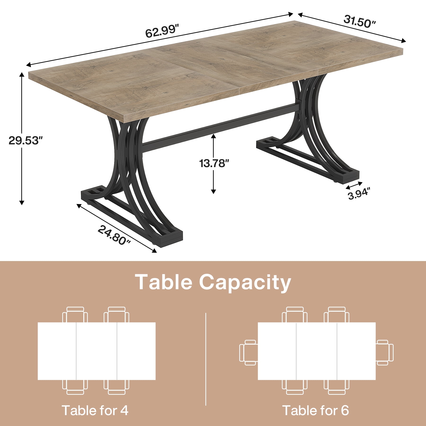 Fnova 63" Modern Dining Table, Rectangular Wooden Top Kitchen Table, Stylish Metal Trestle Legs, Seats 4 to 6 for Dining Room & Kitchen, Living Room