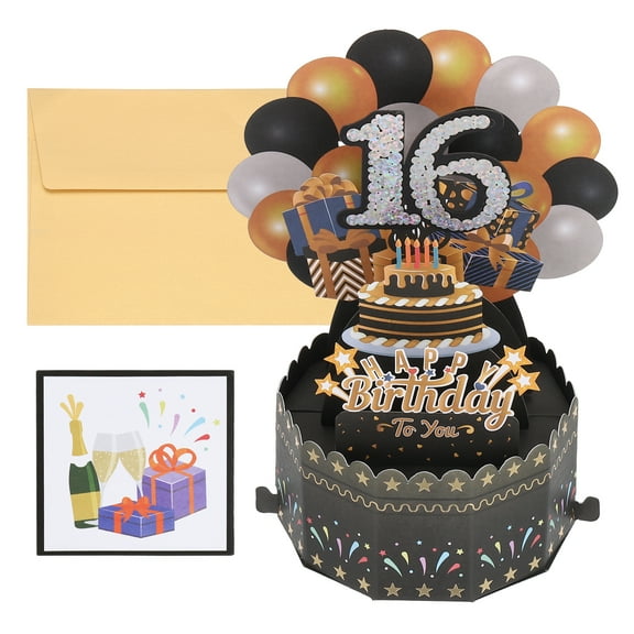 Uxcell 16th Birthday Card, Pop-Out Birthday Card Happy Birthday with Greeting Card and Envelope for Boy Women, Black Gold