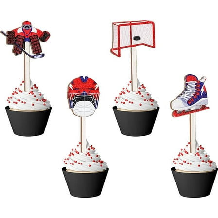 16PCS Hockey Cupcake Toppers Wooden Hockey Cake Toppers for Hockey Party Decorations Birthday Baby Shower Sports Party Supplies