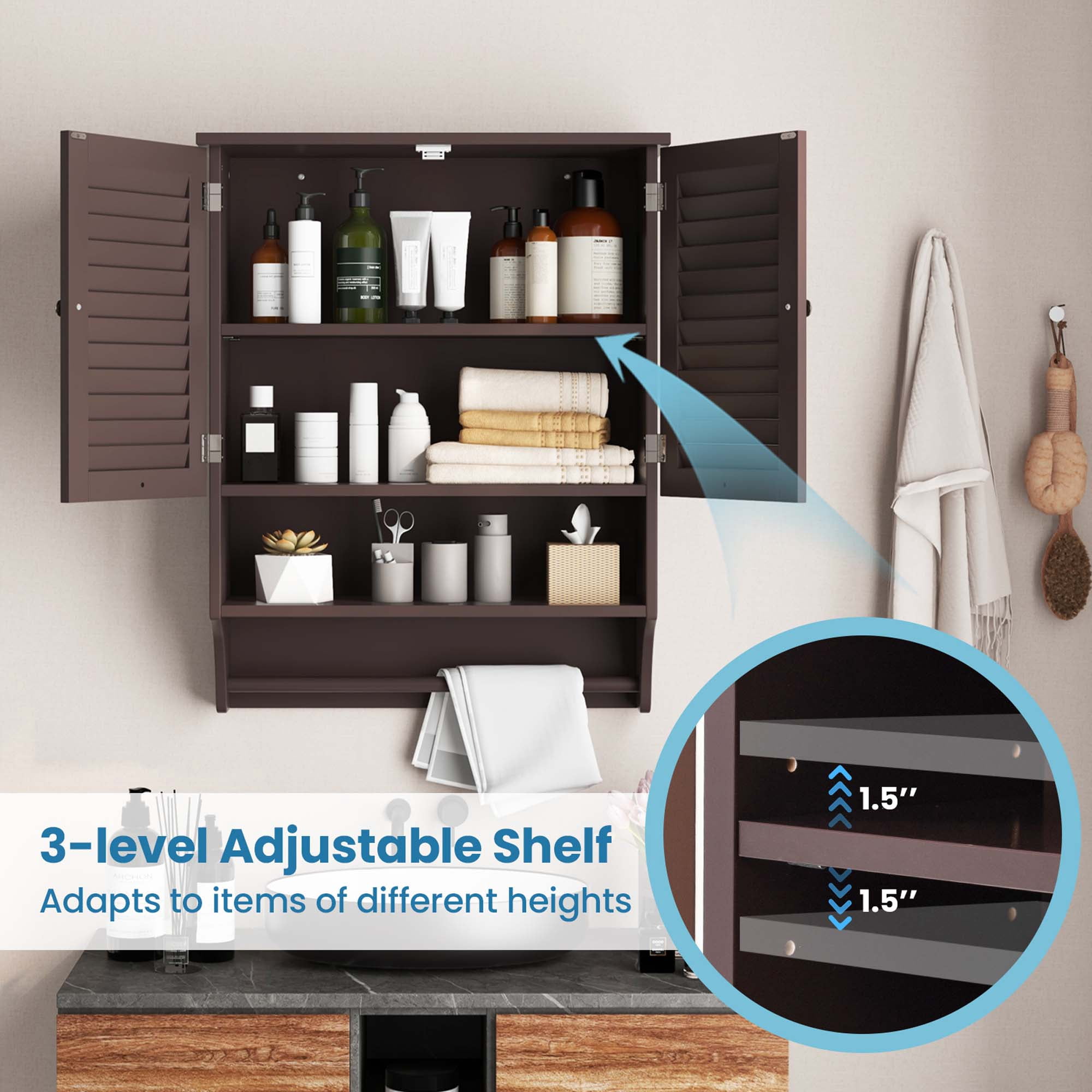 Costway Bathroom Wall Mounted Medicine Cabinet with Louvered Doors & Towel Bar Espresso