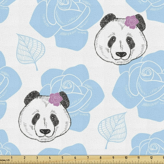 Ambesonne Animals Fabric by the Yard Upholstery, Panda Bear Heads with Roses, 3 Yards, Sky Blue and White