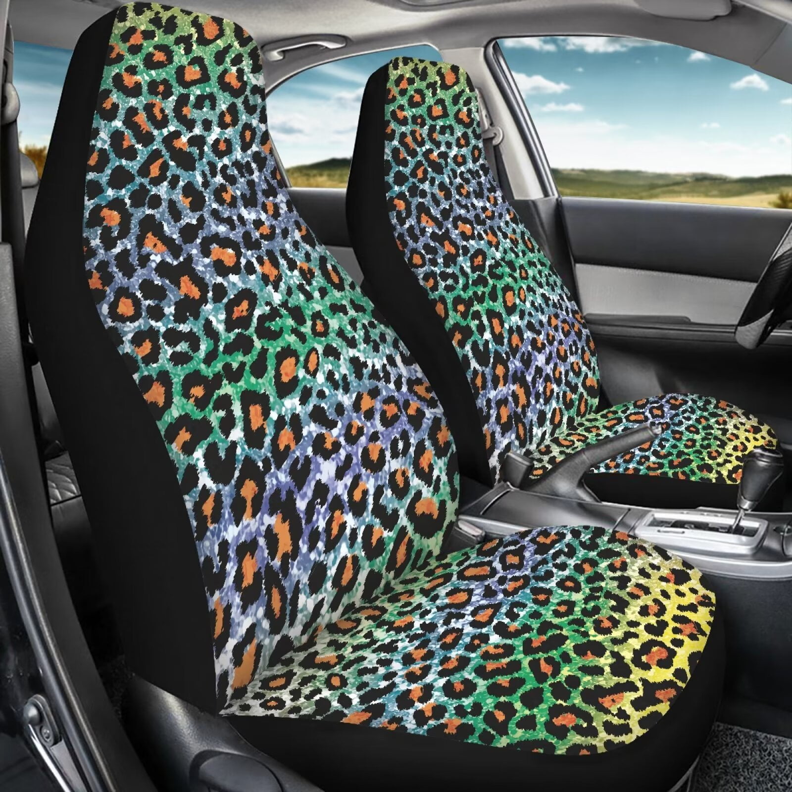 Uourmeti Leopard Car Accessories for Women Interior Cute Set Rainbow Cheetah Pattern Front Car Seat Covers Universal Auto Cushion Protector for Trucks Suv Vans(2 Pack)