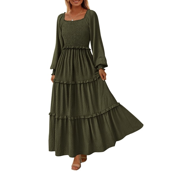 Vestido PRETTYGARDEN 2025 Maxi con Mangas Largas y Fruncido Verde Militar Talla L