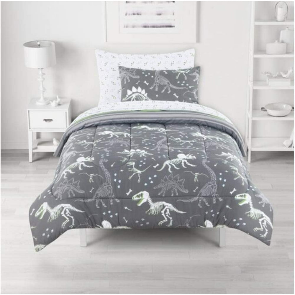Gray and Green Dinosaurs Fossils Dino Boys Queen Comforter Set (9 Piece