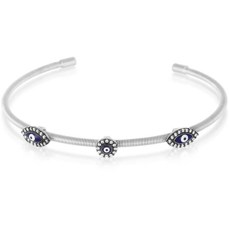 Lesa Michelle Two-Tone Genuine Cubic Zirconia and Enamel Evil Eye Bangle in Sterling Silver