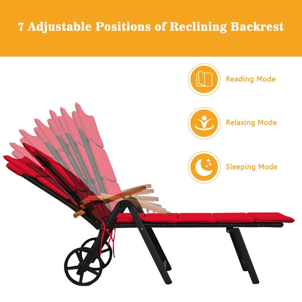 Aimee Lii Folding Patio Rattan Lounge Chair with Wheels, Patio Loungers, Red