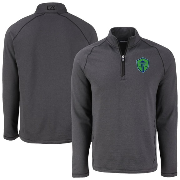 Men's-Cutter & Buck  Heather Black Seattle Sounders FC Peshastin Eco Fleece Recycled Raglan Half-Zip Top