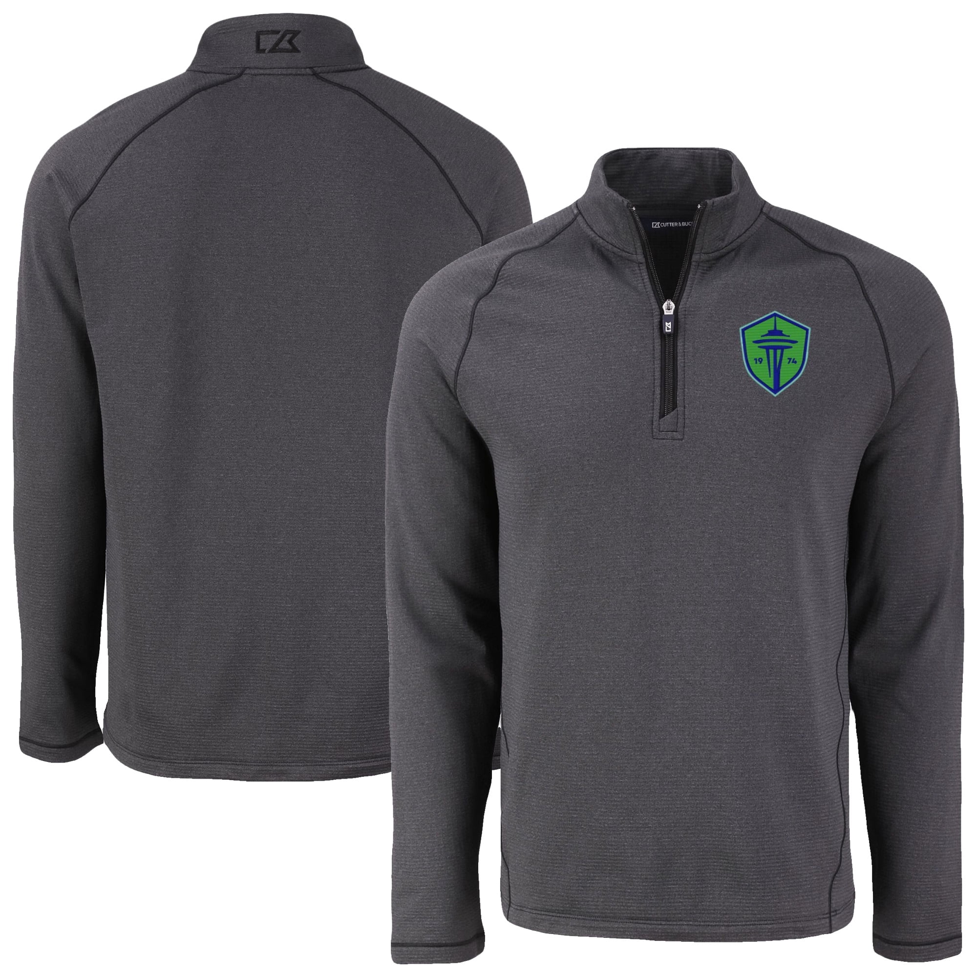 Men's-Cutter & Buck Heather Black Seattle Sounders FC Peshastin Eco Fleece Recycled Raglan Half-Zip Top