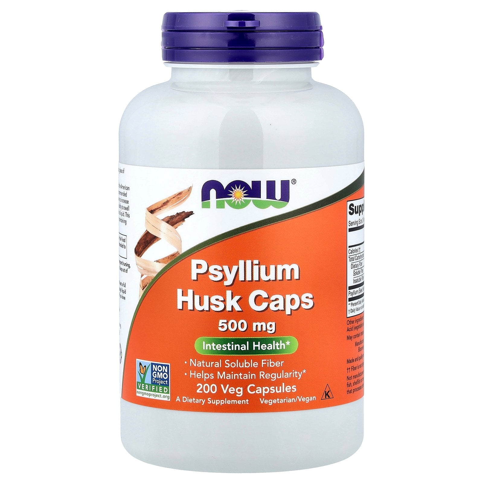NOW Supplements, Psyllium Husk Caps 500 mg, Non-GMO Project Verified, Natural Soluble Fiber, Intestinal Health*, 200 Veg Capsules