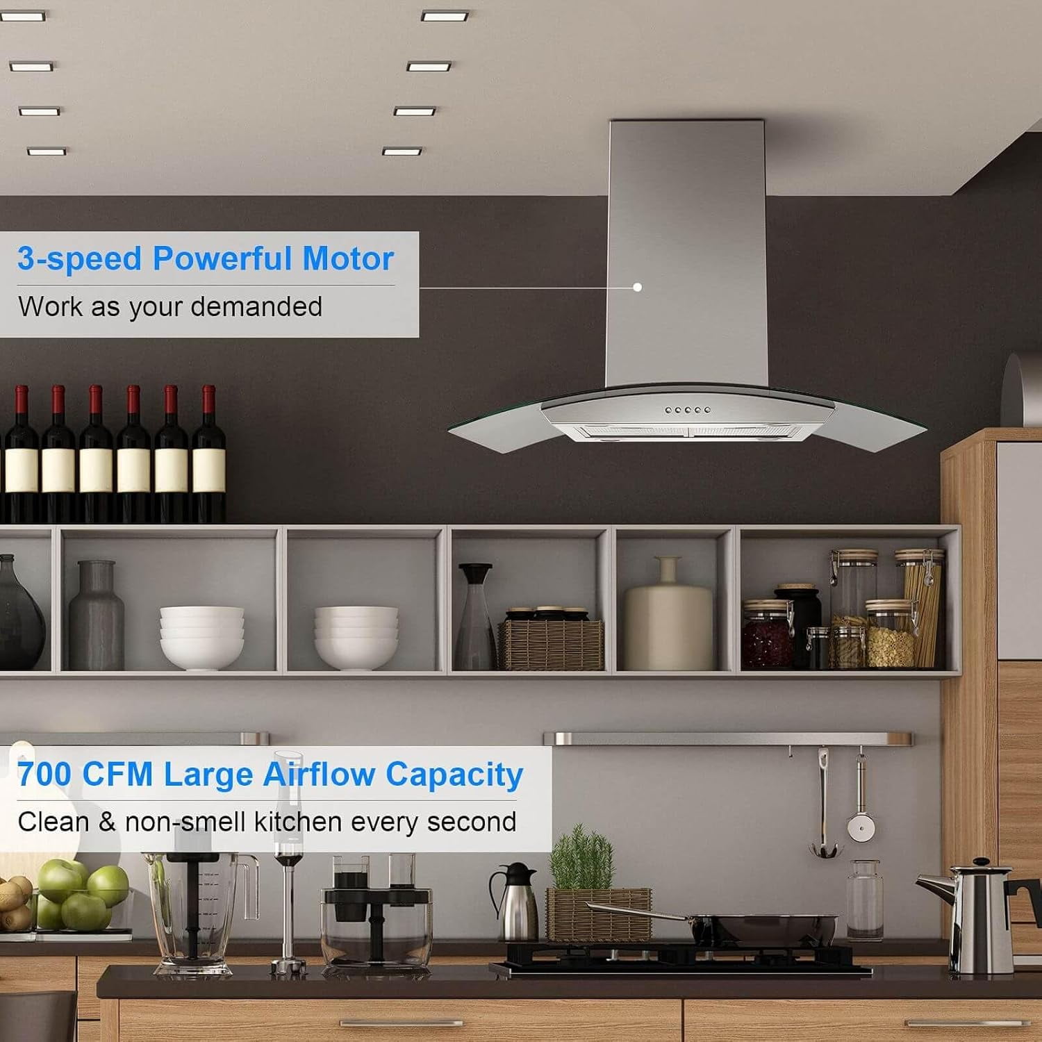 36 inch Island Range Hood 900 CFM Ceiling Mount Kitchen Vent Hood Ducted/Ductless Convertible 4 LED Lights 5-Layer Filters Extractor Stove Exhaust Fan, Curved Tempered Glass Stainless Steel