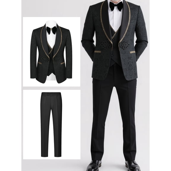 Beauty-Emily Men’s 3-Piece Suit Set, Single-Breasted Shawl Lapel Black Blazer, Vest & Pants, Formal Attire for Weddings, Business & Special Events