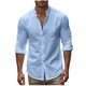 thumbnail image 2 of Blusa y camisa de manga larga con cuello alto para hombre, color liso, cuello alto, botones, cárdigan de manga larga, blusa de poliéster para hombre, 2 of 9