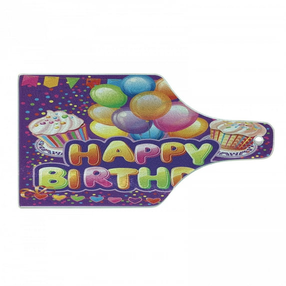 Birthday Cutting Board, Pastel Colored Backdrop Creamy Cupcakes Hearts Rain and Balloons, Decorative Tempered Glass Cutting and Serving Board, Wine Bottle Shape, Multicolor, by Ambesonne