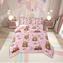 Manfei Lovely Sloth Full Size Comforter Sets,Jungle Wildlife Bedding Comforter Set,Pink Brown Bedding Sets For Kids Girls,Microfiber Bedroom Decor Reversible,3pcs