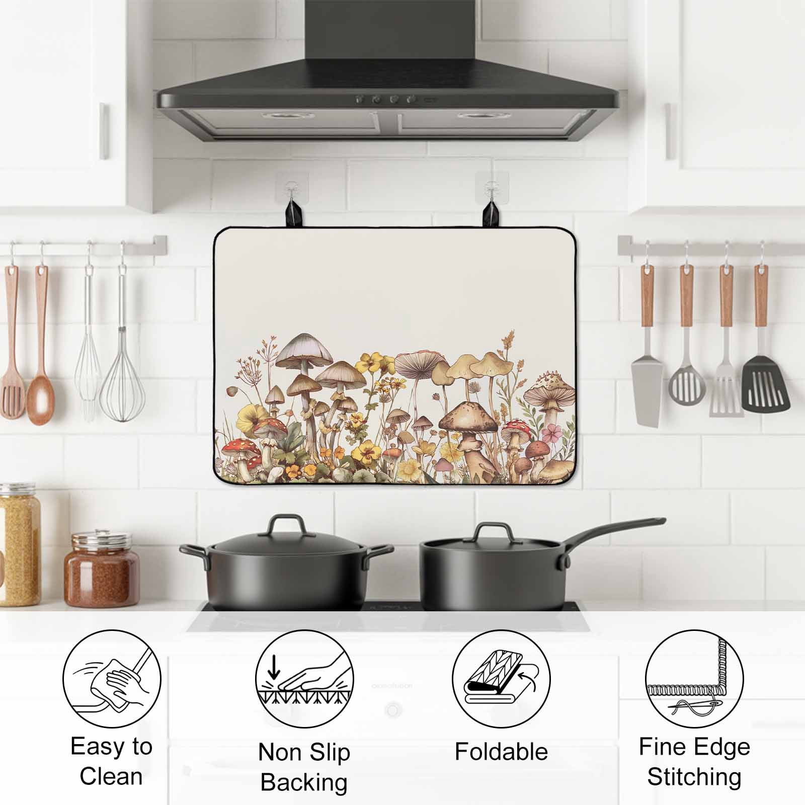 Vintage Mushroom Stove Top Cover for Electric Stove, Heat-proof & Non Slip Glass Top Stove Cover Protector, Farmhouse Summer Botanical Floral Kitchen Flat Cooktop Rubber Mat 28.5x20.5 Inches