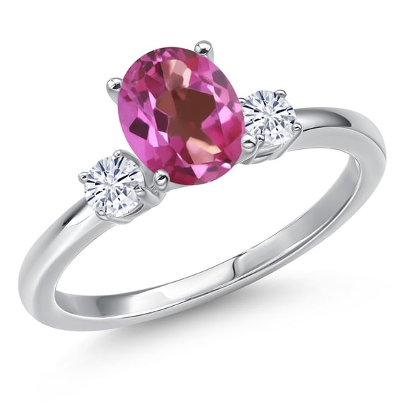 Gem Stone King 14K White Gold Pink Mystic Topaz and White Moissanite Engagement Ring for Women | 1.50 Cttw | Oval 8X6MM | Gemstone November Birthstone | Size 7